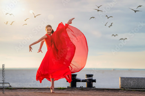 Print op canvas Dancing ballerina in a red flying skirt and leotard on the ocean embankment or on the sea beach surrounded by seagulls in the sky