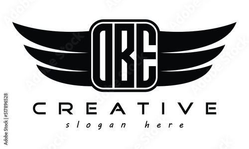 OBE three Letter Wings minimalist creative concept flag Flying abstract Initial wing symbol icon professional logo design, Vector template