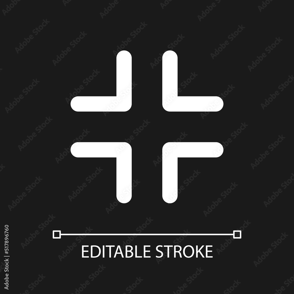 Fototapeta premium Exit full screen pixel perfect white linear ui icon for dark theme. Video player bar button. Vector line pictogram. Isolated user interface symbol for night mode. Editable stroke. Arial font used