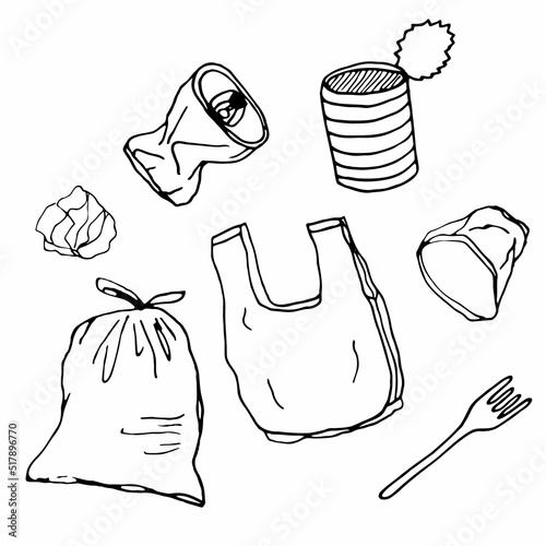 Garbage doodle drawing icon set illustration line art