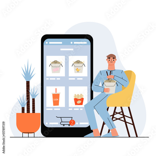 Mobile application for ordering food. Man orders wok online. Flat vector illustration