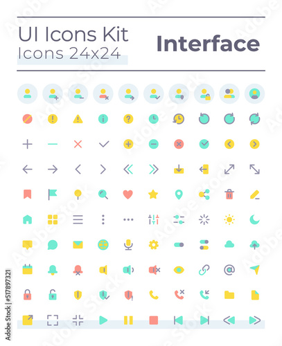 Comprehensible and simple looking flat color ui icons set. System settings. Music player. Contacts. GUI, UX design for mobile app. Vector isolated RGB pictograms. Montserrat Bold, Light fonts used