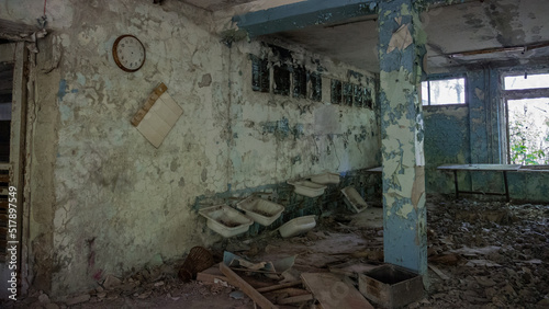 Inside destroyed abandoned building canteen in ghost city Pripyat after explosion fourth reactor Chernobyl nuclear power plant. Ukraine. Radiation  catastrophe