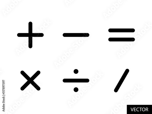 Basic mathematical signs vector icons in line style design for website design, app, UI, isolated on white background. Plus, Minus, Equal, Multiplication, Division, Slash. Editable stroke. Vector file.