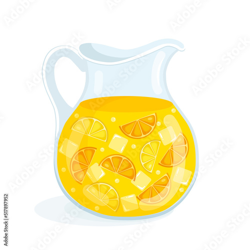 Orange lemon juice in a glass decanter with pieces of fruit. Vector illustration of citrus lemonade drink in a jug. Summer fresh healthy drink.