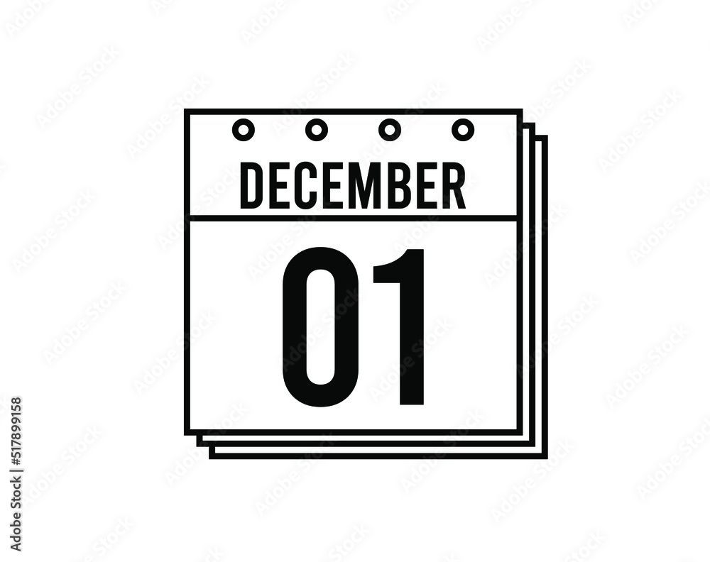 December 1 calendar. December month calendar black and white icon. Simple 3D vector. December 1 calendar. December month calendar black and white icon. Simple 3D vector.