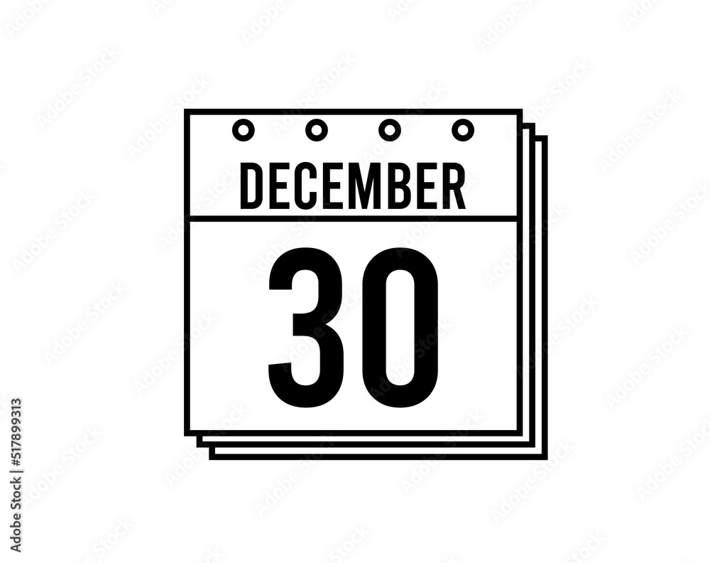 December 30 calendar. December month calendar black and white icon. Simple 3D vector. December 30 calendar. December month calendar black and white icon. Simple 3D vector.