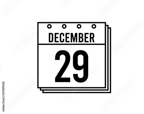 December 29 calendar. December month calendar black and white icon. Simple 3D vector.