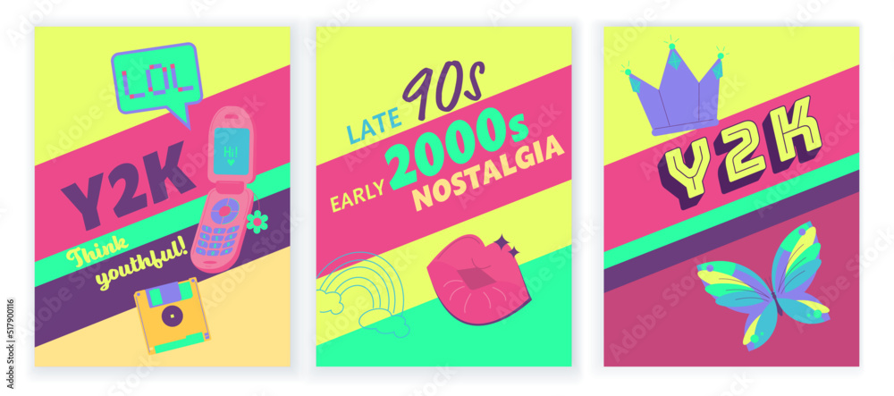 Trending Y2K vertical posters set. Nostalgia concept. Editable vector Trending Y2K vertical posters set. Nostalgia concept. Editable vector