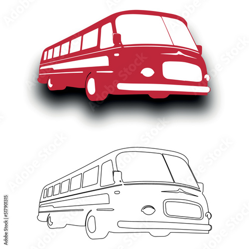 vector layout of a red Vintage Bus Silhouette, Hippie vintage bus, retro car Ad Art Illustration, hand-drawing. Red cartoon bus with shadow
