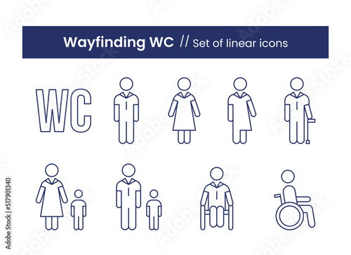 Wayfinding WC linear icons set. Vector illustration isolated on a white background. 
