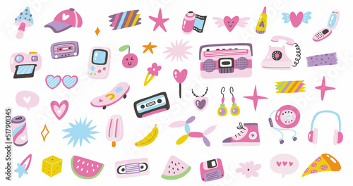 Colorful set of Inspirational quotes and doodles in 90s and Y2k style design. Vector collection of Cool Cute Stickers. Trendy Girly Patches Collection. Smile Emotions. Funky, hipster retrowave pack