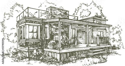tiny house surrounded by trees conceptual perspective sketch hand drawn vector ink illustration