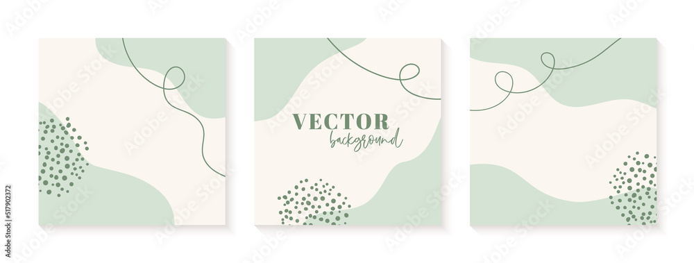 Minimalist instagram post templates in green colors. Abstract organic shapes vector backgrounds with dots, lines, place for text