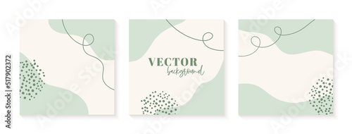 Minimalist instagram post templates in green colors. Abstract organic shapes vector backgrounds with dots, lines, place for text
