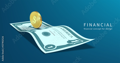 Dollar bills lie on the floor and gold coin stand on top of dollar bills and all object on blue dark background,vector 3d for business,money,and finacial concept design