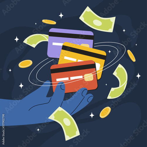 Hand-draw flat vector illustration of cartoon Credit cards, Coins, and Money bills float in the space with a giant hand holding them—financial and debt management concept. 