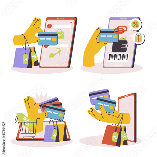 Hand-drawn flat vector illustration of the credit card with online shopping app discount sticker set, Credit privileges, and E-commerce concept isolated on white collection. 