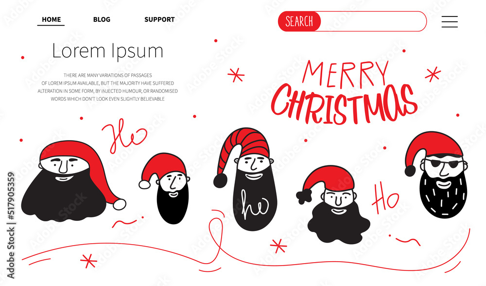 Naklejka premium Merry Christmas web landing page with set of avatars head Santa Claus and lettering Merry Christmas. The xmas black and red vector illustration in doodle art style. Trendy hand drawn icons.