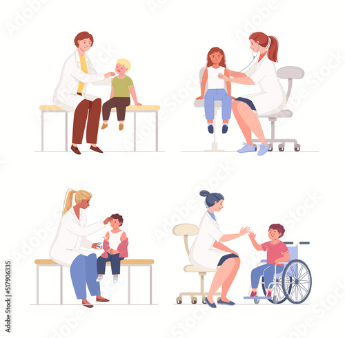 Set of illustrations "Children at the doctor" on a white background. Collection of various scenes of pediatricians examining and consulting patients. Flat cartoon vector characters.