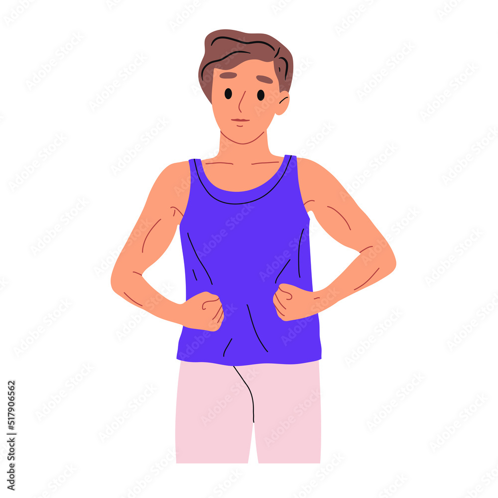 Strong man showing his muscles. Athletic man in sportswear. Healthy lifestyle, athletic body. Flat vector illustration
