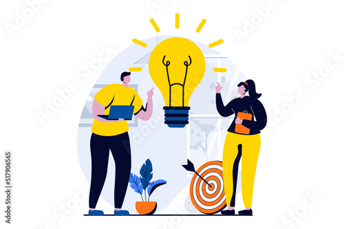 Branding team concept with people scene in flat cartoon design. Man and woman generates new ideas and brainstorming, developed improvement strategy for brand. Vector illustration visual story for web