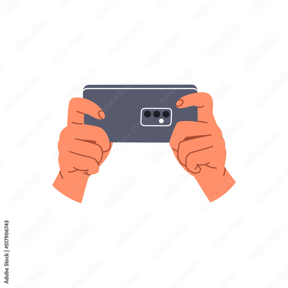 Hands holding mobile. Human with phone in hand take a picture or gaming. Flat vector illustration isolated on white background Hands holding mobile. Human with phone in hand take a picture or gaming. Flat vector illustration isolated on white background