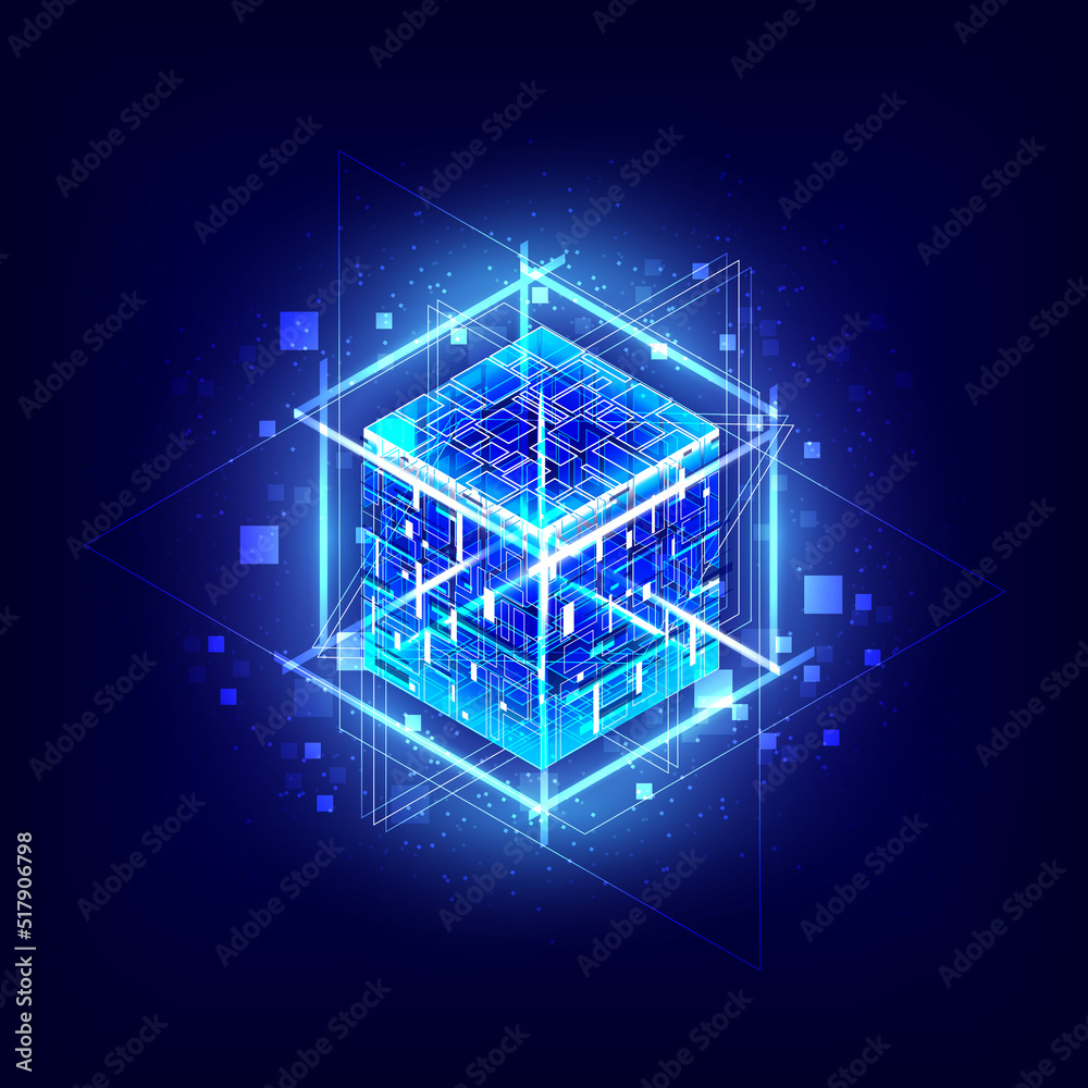 HUD energy box. Smart code. Big data. Digital chip. Glare grid lines ...