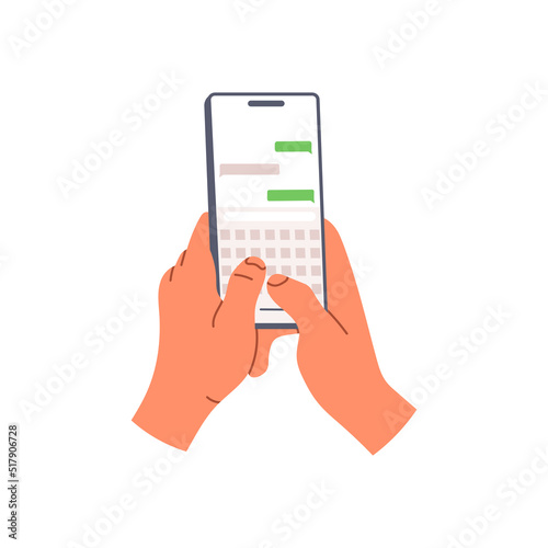 Hand holding phone with app for messenger chat. Using smartphone screen with application for communication with family. Social media. Flat vector illustration isolated on white background
