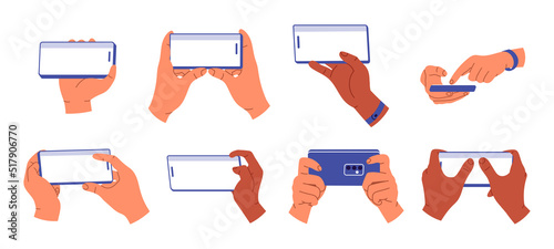 Set of hands holding the smartphone horizontally. White smartphone screen. People handling with cellphones. Fingers touching screen. Flat vector illustration isolated on white background