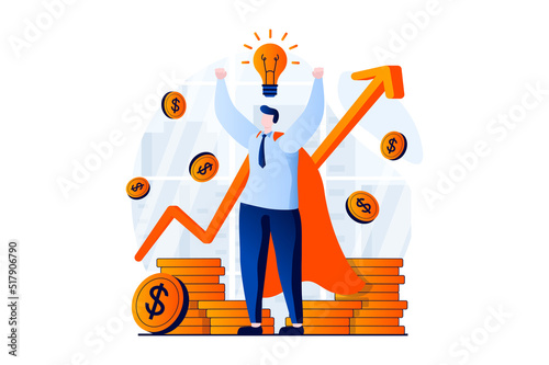 Business making concept with people scene in flat cartoon design. Success businessman develops company, increases income, generates new ideas, achieves goals. Vector illustration visual story for web