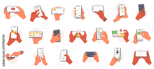 Hands holding smartphone set. People using different applications. Hands holding mobile phone for work and rest. People handling with cellphones. Flat vector illustration 