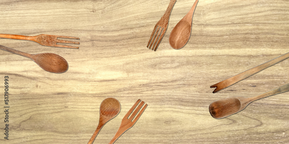 Topview of Set Cooking Wooden Utensils on Table Background Topview of Set Cooking Wooden Utensils on Table Background