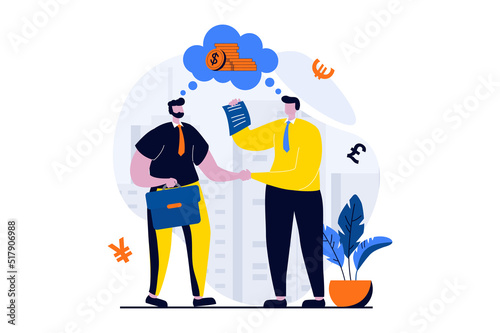 Business making concept with people scene in flat cartoon design. Businessmen make bargain deal, sign contract and shake hands, partnership and cooperation. Vector illustration visual story for web
