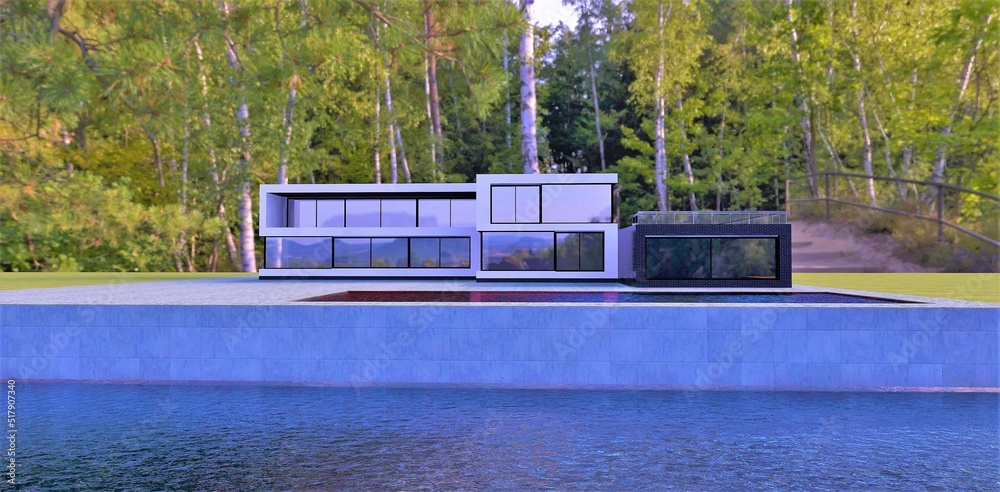 Birch forest. Conceptual project of an advanced high-tech house with a swimming pool. Concrete pier on a quiet river. 3d render.