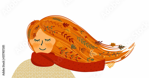 Autumn illustration with cute woman. Vector design for card, poster, flyer, web and other