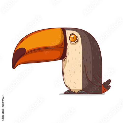 A Toucan, isolated vector illustration. Cute cartoon picture of a serene toucan stitting on the ground. Drawn bird sticker. Simple drawing of tropical bird on white background.
