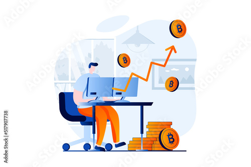 Cryptocurrency mining concept with people scene in flat cartoon design. Man mines bitcoins using computer, analyzes market data and increases money profit. Vector illustration visual story for web