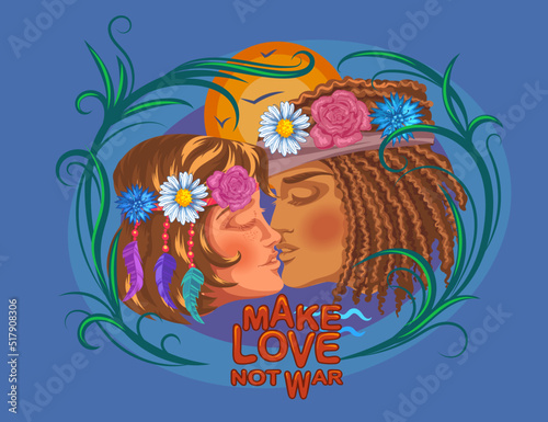 young hippie couple kissing against the backdrop of the tropics and the bright sun. The concept and slogan of the 60s, 70s - make love not war. Love between couples of Multiracial races