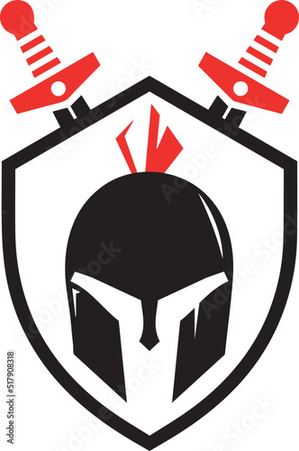 spartan helmet and sword in sheild  shape logo vector illustration