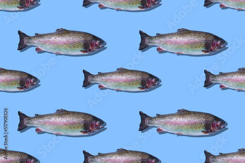 Seamless pattern of raw rainbow trout closeup isolated on blue background. Fish swim to the right.