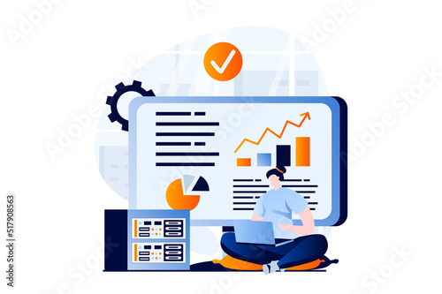 Data science concept with people scene in flat cartoon design. Woman works with charts and graphs at dashboard, making financial report and analyzing data. Vector illustration visual story for web