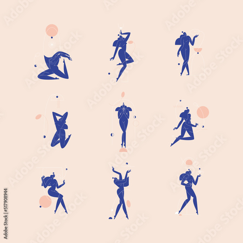 Contemporary woman silhouette vector illustration set. Nude female body  blue colored feminine figure with geometric shape abstract composition  Beauty  body care concept pack for branding. Modern art
