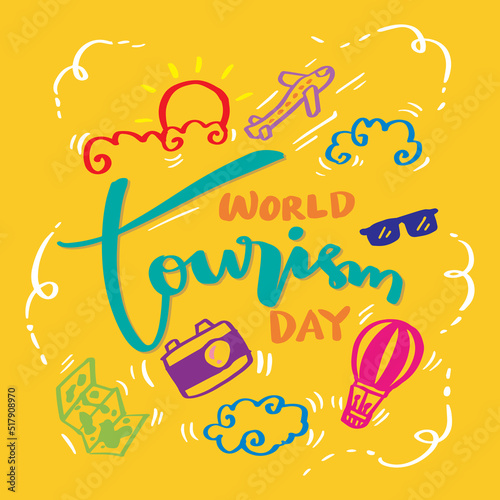 World tourism day hand lettering with travel element