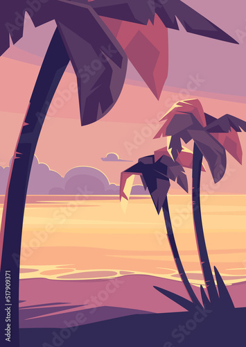 Landscape with palm trees and ocean at sunset. Summer scenery in vertical format.