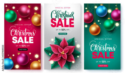 Christmas sale vector poster design. Christmas sale text with up to 50% off special offer promo for xmas holiday season shopping discount. Vector illustration.
