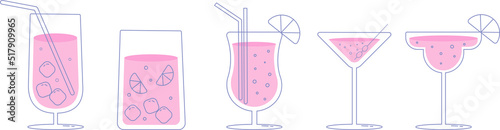 Set of hand drawn alcoholic drinks, cocktails for summer holiday and beach party. Pink isolated vector.