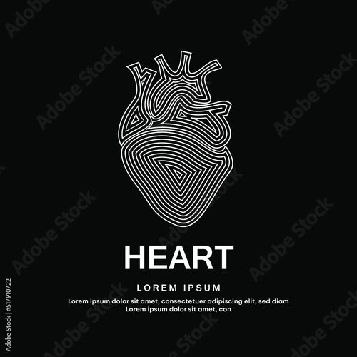 Human heart medical structure. simple line art heart Vector logotype illustration on dark background. Cardiology logo vector template suitable for organization, company, or community. EPS 10