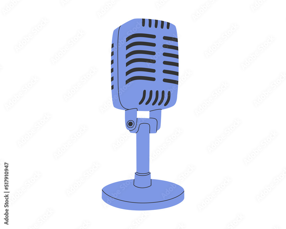 Hand drawn cute cartoon illustration of retro microphone. Flat vector sound recording studio sticker in simple colored doodle style. Audio device icon or print. Isolated on white background. Hand drawn cute cartoon illustration of retro microphone. Flat vector sound recording studio sticker in simple colored doodle style. Audio device icon or print. Isolated on white background.