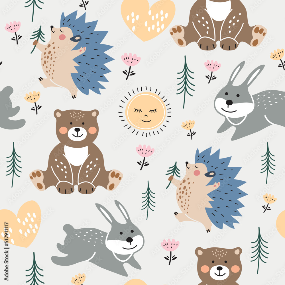 Fototapeta premium Hedgehog, bear, hare and coniferous trees. Forest animals. Childish seamless pattern.